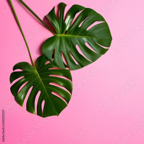 Two Large Green Leaves on a Pink Background in a Simple Arrangement