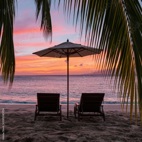Sunset View From Beach Chairs Near the Ocean Under Umbrella in Warm Colors