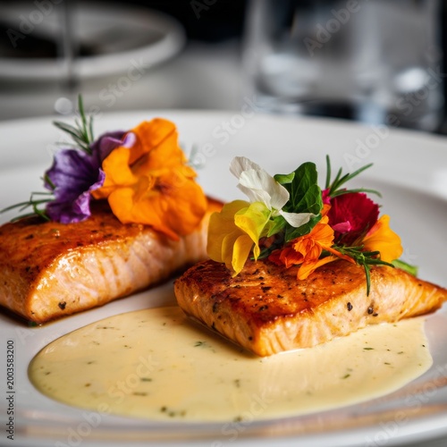 Fresh Salmon Served With Sauce and Colorful Flowers on a White Plate in a Res...