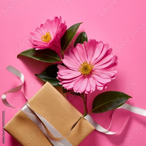 Gift Wrapped With Pink Flowers on a Bright Pink Background for Special Occasions
