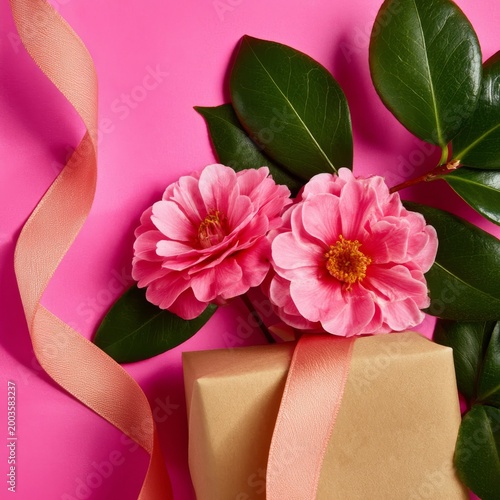 Pink Flowers and a Gift Box on a Pink Background With Ribbons