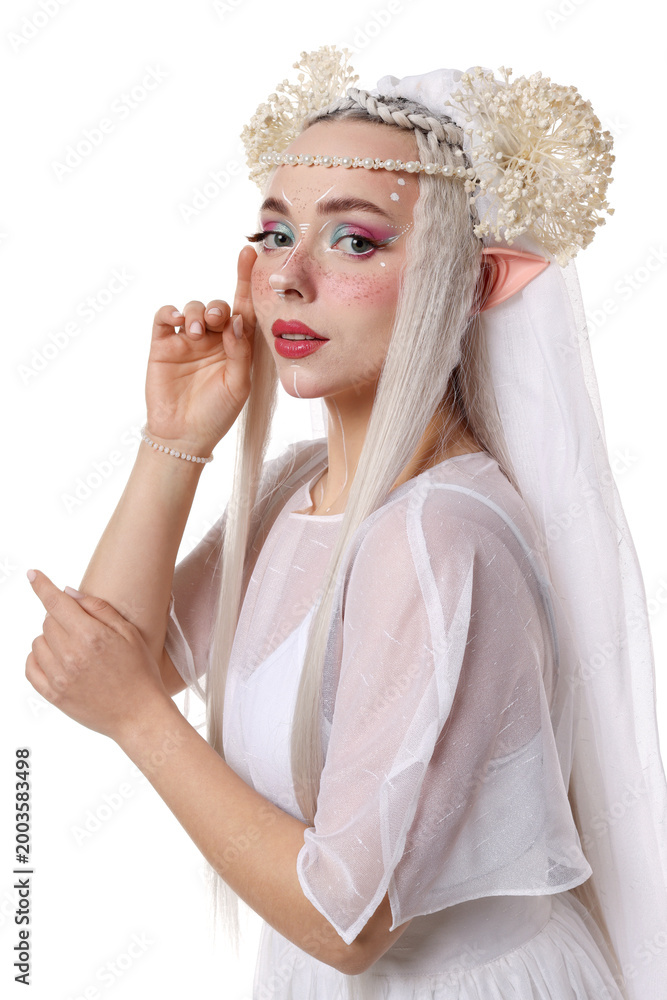 Fototapeta premium Portrait of beautiful elf girl on white background