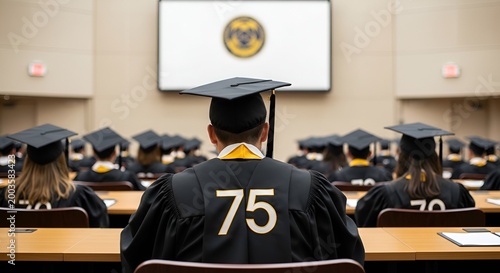 Graduation Ceremony: Students in Caps and Gowns with Number 75, University Auditorium