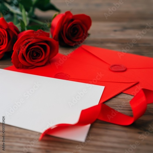 Roses and a Red Envelope on a Wooden Table With a White Card and Ribbon Nearby