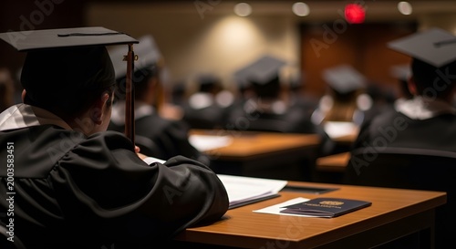 Graduation Ceremony: Students in Caps and Gowns Attending Lecture, Focus on Achievement