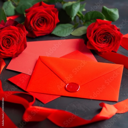 Roses and a Red Envelope on a Wooden Table With a White Card and Ribbon Nearby