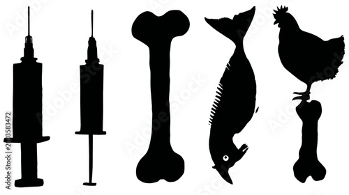 Black silhouettes of medical syringes, various animal bones, fish, and farm poultry on a clean white background