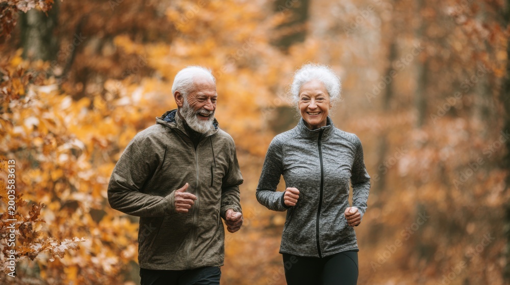 Obraz premium Cardio sports exercise, healthy lifestyle. An older couple jogging through an autumn forest. The trees are adorned with vibrant red, orange, and yellow leaves.
