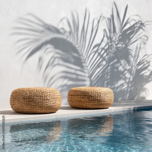 Two Woven Ottomans Beside a Swimming Pool With Palm Shadow on Wall
