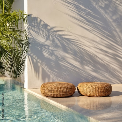 Two Woven Ottomans Beside a Swimming Pool With Palm Shadow on Wall