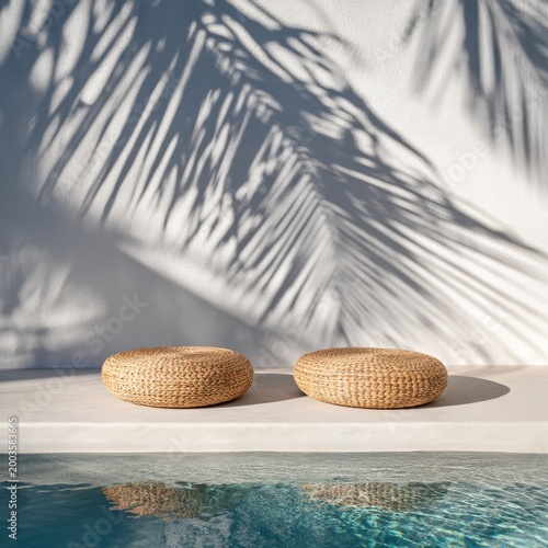 Woven Stools by the Edge of a Pool With Palm Shadows on the Wall in a Sunny S...