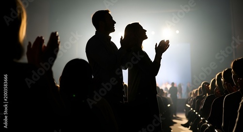 Couple hands raised in worship, silhouette against bright stage lights at concert or event.