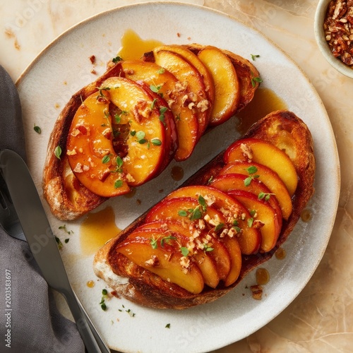 Delicious Toast Topped With Fruits and Nuts Served on a White Plate for Break...