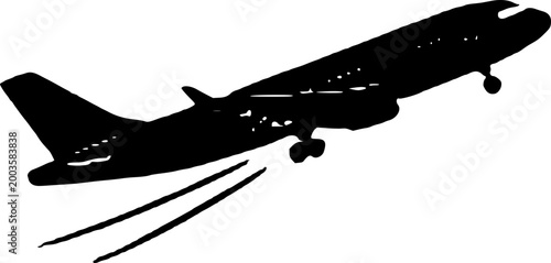 Black silhouette of a commercial airplane in mid-flight with motion lines, isolated on a white background, symbolizing travel and transportation.
