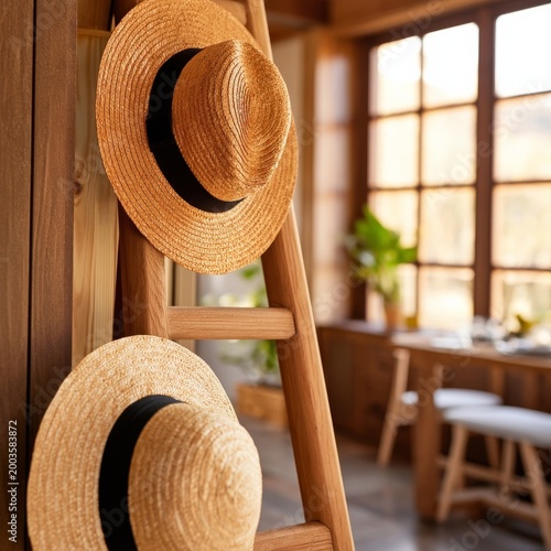 Two Straw Hats Hang on a Wooden Ladder in a Bright Room With Natural Light in...