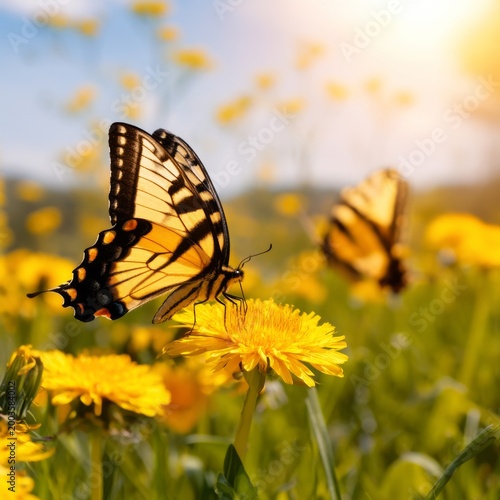 Butterflies Gather on Yellow Flowers in a Garden During Spring