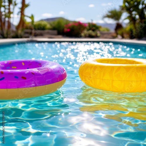 Colorful Floaties Rest on the Surface of a Sparkling Pool Under a Clear Sky i...