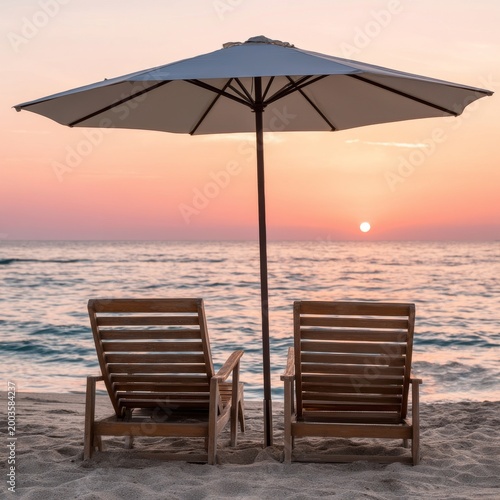 Enjoying Sunset at the Beach With Chairs and Umbrella in the Evening