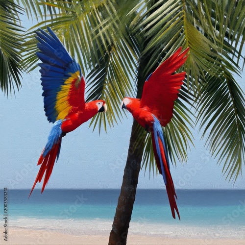 Colorful Macaws Fly Near Palm Trees by a Beach With Blue Water and Clear Sky ...