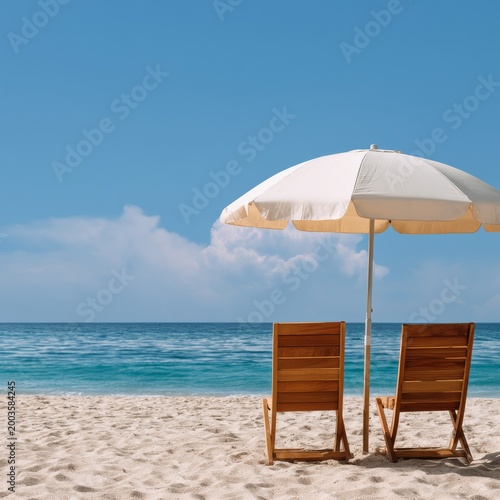Two Wooden Chairs Under an Umbrella by the Ocean on a Sunny Day in the Summer
