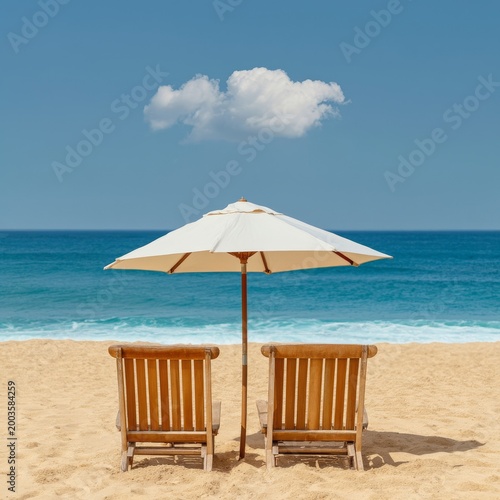Two Wooden Chairs Under an Umbrella by the Ocean on a Sunny Day in the Summer