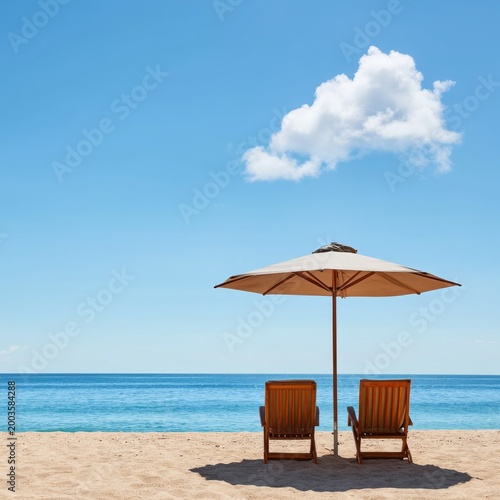 Two Lounge Chairs Under a Beach Umbrella Facing Calm Blue Sea on a Clear Sunn...