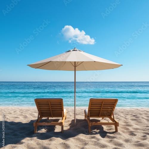 Two Lounge Chairs Under a Beach Umbrella Facing Calm Blue Sea on a Clear Sunn...