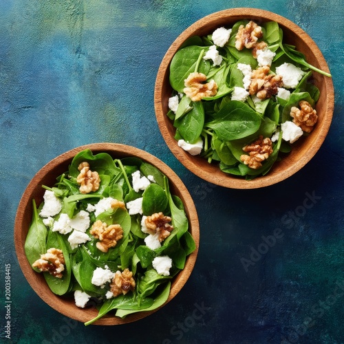 Fresh Salad With Spinach, Walnuts, and Cheese in Wooden Bowls on a Dark Table
