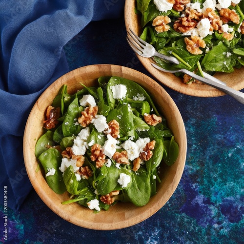 Fresh Salad With Spinach, Walnuts, and Cheese in Wooden Bowls on a Dark Table