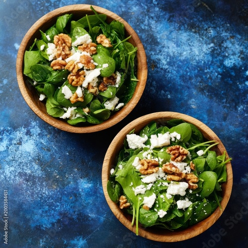 Fresh Salad With Spinach, Walnuts, and Cheese in Wooden Bowls on a Dark Table