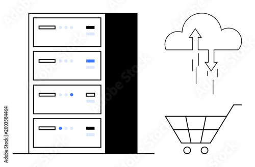 Cloud computing concept. Cloud hosting integrates seamless e-commerce operations and reliable data management. Cloud enhances scalability and efficiency. For online shopping, tech, business