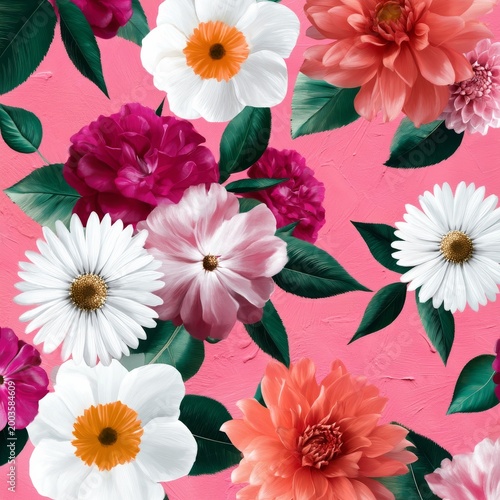 Flowers in Bright Colors on a Pink Background With Various Shapes and Sizes