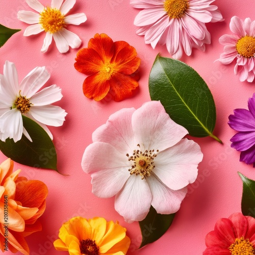 Colorful Flowers Arranged on a Pink Background in Springtime Setting