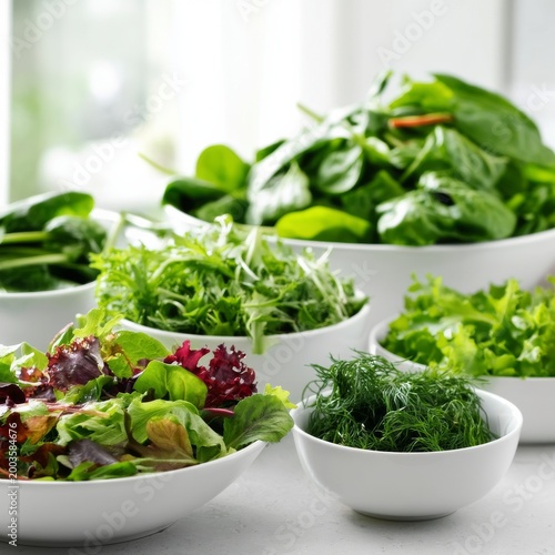 Fresh Green Salads in Multiple Bowls at a Kitchen Table During the Daytime