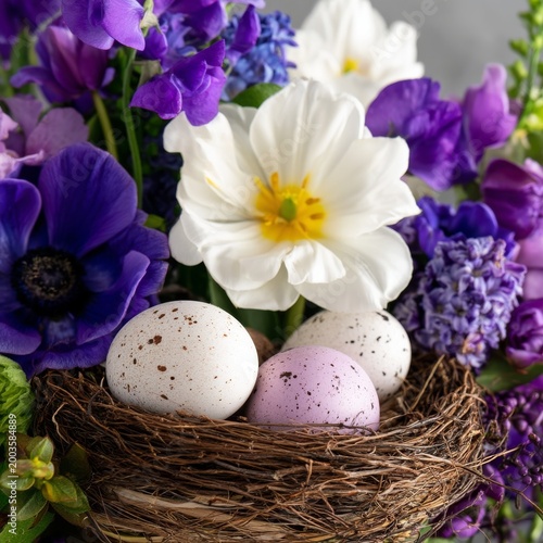 Flowers and Colorful Eggs in a Nest Surrounded by Purple Blooms for Spring Ce...