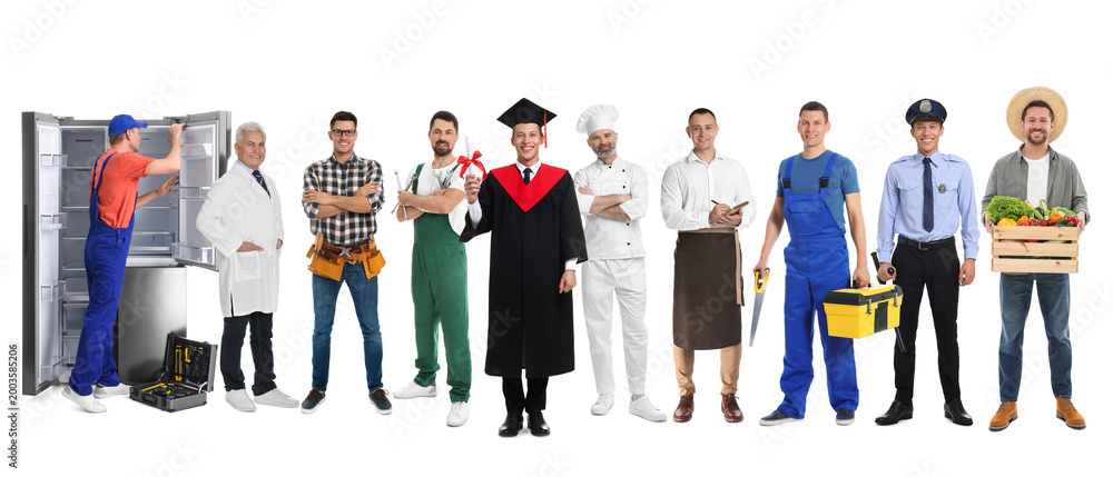 Obraz premium Graduate student and men of various occupations on white background. Choice of profession