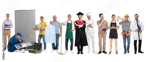 Принти на полотні Graduate student and men of various occupations on white background
