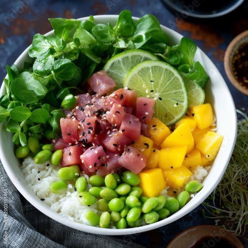 Bowl of Rice With Raw Fish, Mango, and Greens at a Kitchen Counter in the Aft...
