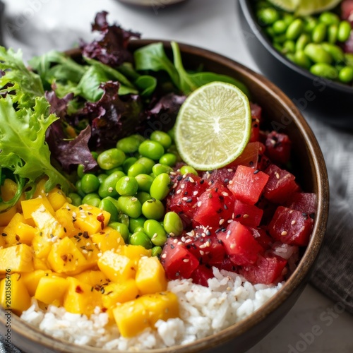 Bowl of Rice With Raw Fish, Mango, and Greens at a Kitchen Counter in the Aft...