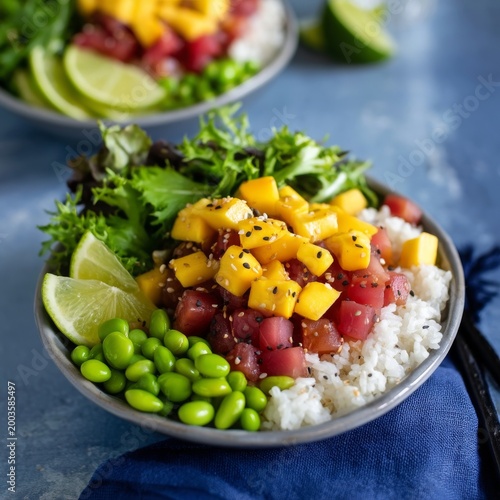 Fresh Bowl of Rice Topped With Tuna, Mango, Lime, and Greens at a Dining Table