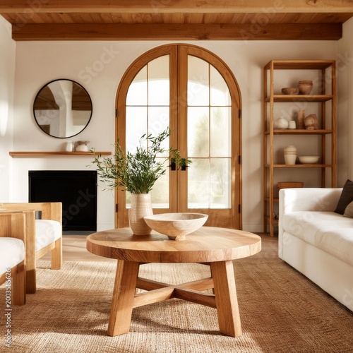 Cozy Living Room With a Wooden Coffee Table and Bright Natural Light in a Mod...