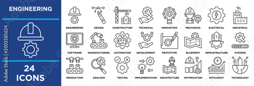 Engineering icon collection set. Containing engineering, design, construction, technical, innovation, mechanics, electrical, civil, industrial, software. outline