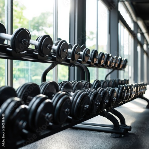 Weights Arranged Neatly in a Gym With Large Windows Showing Sunlight During t...
