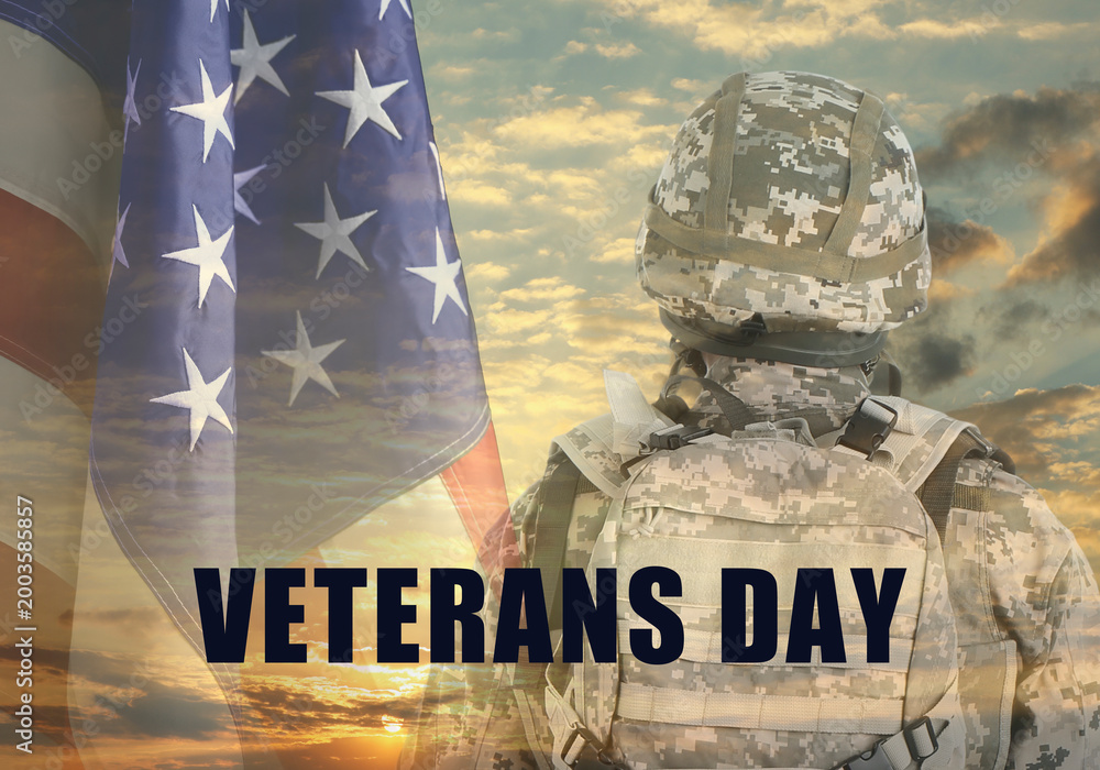 Obraz premium Veterans Day poster. Soldier and flag of USA against sunset sky, double exposure