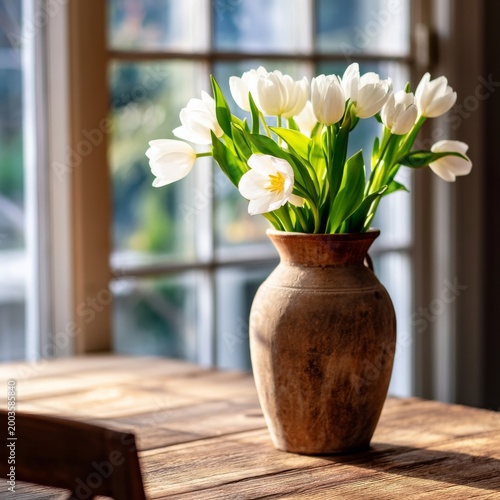 Bouquet of White Tulips in a Brown Jug on a Wooden Table Near Large Windows