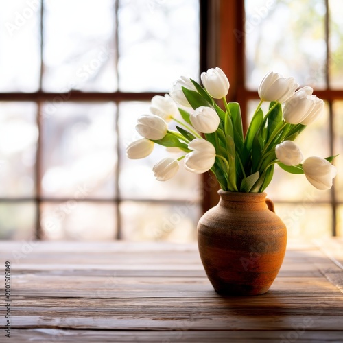 White Tulips in a Vase on a Wooden Table Near a Large Window During Golden Hour