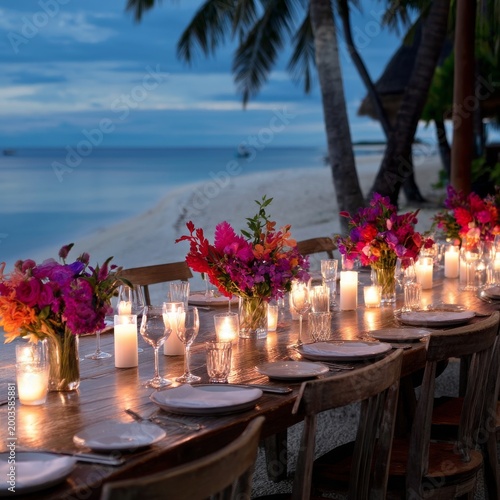 Outdoor Dinner Setup With Flower Arrangements on the Beach at Sunset