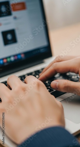 Closeup photo of a person's hands using a laptop.