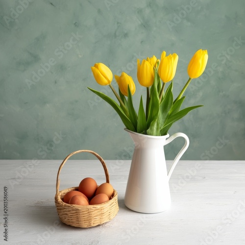 Bright Yellow Tulips in a White Pitcher Next to a Basket of Eggs on a Table