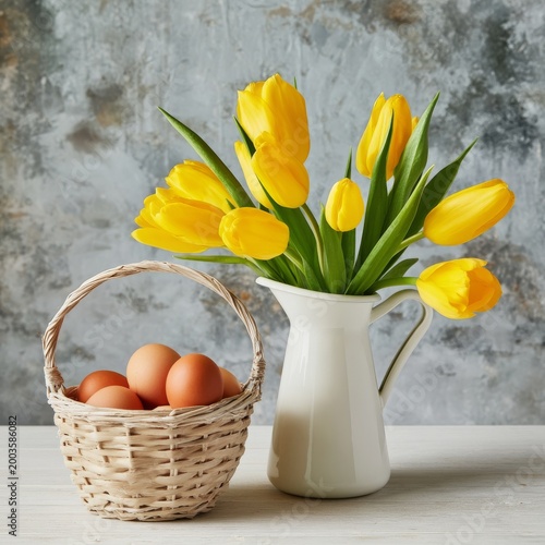 Yellow Tulips in a White Vase Next to a Basket of Brown Eggs on a Simple Back...